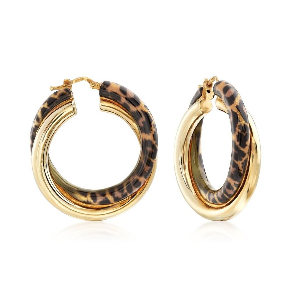 ROSS SIMONS Italian Leopard Print Enamel 18kt Gold Over Sterling Hoop Earrings